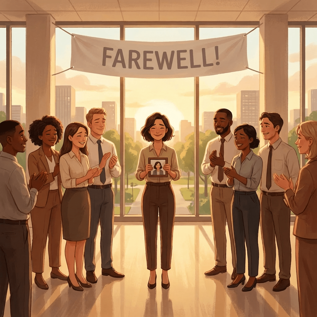 Colleagues applaud a woman under a 'FAREWELL!' banner in a sunlit office.